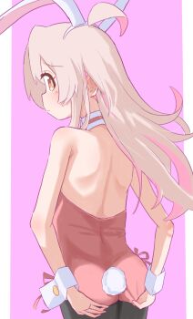1girl animal_ear_hairband animal_ears ass bare_shoulders black_pantyhose blush brown_eyes closed_mouth detached_collar fake_animal_ears fake_tail from_behind grey_hair hairband highres leotard leotard_tug loli long_hair looking_back median_furrow onii-chan_wa_oshimai! oyama_mahiro pantyhose pink_background pink_leotard playboy_bunny profile rabbit_ear_hairband rabbit_ears riannn_desu shoulder_blades solo strapless strapless_leotard tail two-tone_background white_background white_wrist_cuffs wrist_cuffs