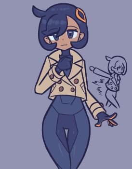 1girl :3 black_bodysuit black_gloves black_hair bodysuit bodysuit_under_clothes breasts brown_jacket dark-skinned_female dark_skin emma_(pokemon) gloves hair_ornament highres jacket jogging looking_at_viewer multiple_views nintendo open_clothes open_jacket pokemon pokemon_legends:_z-a purpienamako purple_eyes running shoes short_hair simple_background smile solo thigh_gap wide_hips