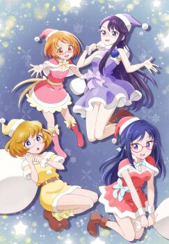 4girls :o absurdres ankle_boots asymmetrical_bangs belt blue_eyes blue_flower blue_hair blue_rose blurry boots bow braid brown_belt brown_boots brown_hair brown_shoes capelet corsair_(maplestory) dokidoki!_precure dress dress_bow europa_715 floating flower footwear_bow fur-trimmed_capelet fur_trim glasses hat heartcatch_precure! highres hishikawa_rikka holding holding_sack ichinose_minori in-franchise_crossover legs_up light_particles long_hair looking_at_viewer loose_socks multiple_girls open_mouth orange_hair over_shoulder pencil_dress precure purple_bow purple_dress purple_eyes purple_hair purple_hat red-framed_eyewear red_boots red_capelet red_dress red_eyes red_hat rimless_eyewear rose round_eyewear sack santa_costume santa_dress santa_hat sash semi-rimless_eyewear shirabe_ako shoes short_dress short_sleeves sky sleeveless sleeveless_dress smile snowflakes socks star_(sky) star_(symbol) starry_sky strapless strapless_dress suite_precure tropical-rouge!_precure tsukikage_yuri under-rim_eyewear very_long_hair white_bow white_sash yellow_dress yellow_hat yellow_socks