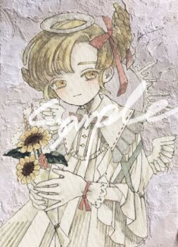 Rule 34 | 1girl, acrylic paint (medium), angel, blonde hair, blush, bow, braid, closed mouth, collar, dress, flower, frilled collar, frills, gloves, hair bow, hair ribbon, halo, highres, holding, holding flower, karintoun, lace trim, long sleeves, original, painting (medium), parted bangs, ribbon, sample watermark, short hair, signature, smile, straight-on, traditional media, upper body, watercolor (medium), watermark, white dress, wings, yellow eyes, yellow flower