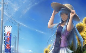 1girl arms_up banner blue_hair blue_sky blunt_bangs cloud cowboy_shot day female_focus flower hair_tubes hairband hands_on_headwear hat highres jason_peng kannagi kooribata long_hair looking_at_viewer nagi nobori outdoors pleated_skirt power_lines purple_eyes realistic shaded_face skirt sky solo sun_hat sunflower utility_pole utility_pole_(object) watermark web_address white_skirt