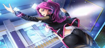 1girl arm_up artist_request ass back black_jacket black_leggings breasts clothing_cutout code_geass code_geass:_lost_stories cornelia_li_britannia cowboy_shot dimples_of_venus dutch_angle earrings female_focus forehead from_behind game_cg hair_intakes hand_up happy highres holding holding_tennis_racket indoors jacket jewelry leggings light_particles light_rays lipstick long_hair long_sleeves looking_at_viewer makeup medium_breasts midriff non-web_source official_art pantylines parted_lips pink_trim playing_sports purple_eyes purple_hair purple_lips railing serving_(sports) shiny_clothes sidelocks smile solo sparkle sports_bra sportswear standing sweat teeth tennis tennis_racket white_sports_bra window zipper
