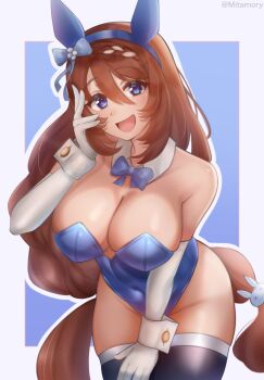 Rule 34 | 1girl, absurdres, alternate costume, animal ear hairband, animal ears, bare shoulders, black thighhighs, blue bow, blue bowtie, blue eyes, blue leotard, blush, bow, bowtie, braid, braided bangs, breasts, brown hair, cleavage, commentary, covered navel, detached collar, ear covers, elbow gloves, fake animal ears, gloves, hair between eyes, hairband, hand on own cheek, hand on own face, highleg, highleg leotard, highres, horse ears, horse girl, horse tail, large breasts, leaning forward, leotard, long hair, looking at viewer, low-braided long hair, low-tied long hair, mitamory, multicolored hair, open mouth, rabbit ear hairband, rabbit ears, smile, solo, strapless, strapless leotard, streaked hair, super creek (umamusume), tail, thighhighs, thighs, umamusume, white gloves, white hair, white streaks, white wrist cuffs, wrist cuffs