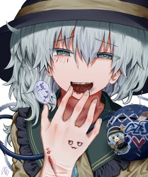 1girl absurdres bandages blood blood_from_mouth grey_eyes hat highres komeiji_koishi long_hair nail_polish open_mouth self-harm self-harm_scar sharp_teeth simple_background smile speech_bubble sticker stitches teeth touhou translation_request white_background yukine_0930