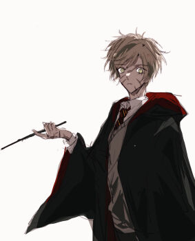 1boy black_robe brown_hair closed_mouth collar facial_scar gryffindor harry_potter_(series) hogwarts_school_uniform holding holding_wand looking_at_viewer male_focus messy_hair multiple_scars necktie pixiv_id_7170486 remus_lupin robe scar scar_on_cheek scar_on_face school_uniform shirt short_hair simple_background solo vest wand white_background wing_collar wizarding_world