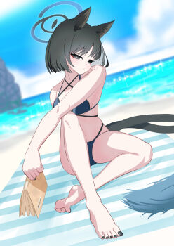 1girl :/ absurdres animal_ear_fluff animal_ears barefoot beach bikini black_eyes black_hair black_nails blanket blue_archive blue_bikini blue_halo blue_sky blurry blurry_background book breasts bright_pupils cat_ears cat_girl cat_tail closed_mouth commentary criss-cross_halter day dutch_angle eyeshadow feet frown full_body hair_between_eyes halo halterneck head_tilt highres holding holding_book kikyou_(blue_archive) kikyou_(swimsuit)_(blue_archive) knee_up light_blush looking_at_viewer makeup manami_zoo medium_breasts multiple_tails nail_polish ocean official_alternate_costume outdoors outstretched_arm red_eyeshadow short_hair sitting sky soles solo sparkle straight_hair swimsuit tail thighs toenail_polish toenails toes tsurime two_tails white_pupils