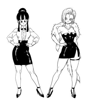 2girls absurdres android_18 black_dress black_skirt breasts chi-chi_(dragon_ball) dragon_ball dragonball_z dress formal_clothes ghouse_01 highres large_breasts mature_female monochrome multiple_girls pleated_skirt simple_background skirt