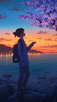 1girl backpack bag black_hair black_pants blue_sky blue_sweater cherry_blossoms city_lights cloud evening falling_petals gradient_sky harbor highres long_sleeves mountainous_horizon orange_sky original outdoors pants pasoputi petals ponytail rock scenery short_hair short_ponytail sky standing sunset sweater