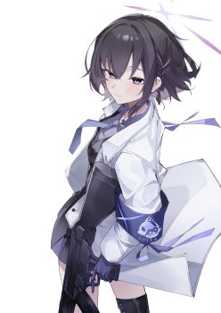 1girl absurdres armband black_hair blue_archive commentary devid_(devis515333) gloves grey_gloves grey_shirt hair_between_eyes halo highres lab_coat looking_at_viewer medium_hair necktie purple_armband purple_eyes purple_halo purple_necktie shirt simple_background solo subaru_(blue_archive) thighs white_background