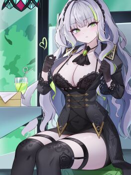 1girl absurdres ascot black_ascot black_bra black_coat black_corset black_gloves black_skirt black_thighhighs booth_seating bra breasts brooch cleavage coat collarbone commentary corset crazy_straw cup drinking_glass drinking_straw firenze_(stella_sora) gloves green_eyes green_hair grey_hair hair_intakes hamu_(hvmzld123) head_tilt heart highres indoors jewelry juliet_sleeves lace lace-trimmed_sleeves lace_bra lace_trim large_breasts legwear_garter light_blush lingerie long_sleeves looking_at_viewer mole mole_under_eye multicolored_hair open_clothes open_coat opened_by_self parted_lips pencil_skirt puffy_sleeves sitting skirt solo stella_sora streaked_hair sweat thighhighs two-tone_hair underwear wavy_hair wine_glass