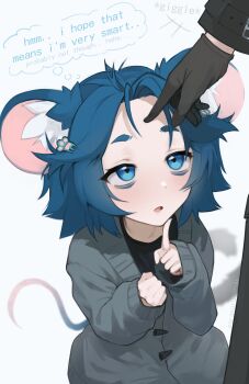 Rule 34 | +++, 1girl, 1other, absurdres, animal ears, black gloves, blue eyes, blue hair, cardigan, commentary, english commentary, english text, gloves, grey cardigan, highres, index finger raised, long sleeves, looking at another, mouse ears, mouse girl, mouse tail, original, parasoru buruu, parted lips, short hair, speech bubble, tail, thought bubble