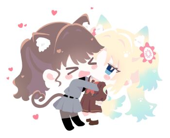 >_< 2girls :d animal_ear_fluff animal_ears black_boots black_pantyhose black_sweater blonde_hair blue_eyes blue_hair blush boots brown_dress brown_hair cat_ears cat_girl cat_tail chibi chibi_only commentary curtained_hair dog_ears dog_girl dog_tail dress flower formal_clothes fujishima_megumi fujishima_megumi_(post-graduation) grey_jacket grey_skirt grey_suit hair_flower hair_ornament hasu_no_sora_school_uniform heart heart_tail highres hug jacket jitome knee_boots link!_like!_love_live! long_hair long_sleeves love_live! medium_dress miniskirt mira-cra_park! multiple_girls neckerchief no_lineart no_mouth open_clothes open_jacket open_mouth osawa_rurino pantyhose parted_bangs pink_flower pleated_dress pleated_skirt ponytail red_neckerchief sailor_collar sailor_dress school_uniform sidelocks skirt skirt_suit smile socks suit suit_jacket sweater tail tail_wagging twintails very_long_hair virtual_youtuber watage_modoki white_sailor_collar white_socks winter_uniform xd