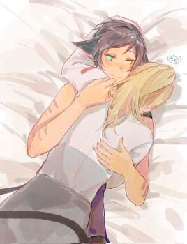 2girls adora_(she-ra) animal_ears black_hair blonde_hair blue_eyes blush cat_ears cat_girl cat_tail catra commentary cuddling english_commentary freckles heterochromia highres hug long_hair multiple_girls ponytail scar scar_on_arm she-ra_and_the_princesses_of_power smile tail white-framed_eyewear yellow_eyes youliqy yuri