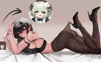 2girls absurdres alternate_breast_size_(larger) arched_back arknights ass bed bed_sheet black_bra black_hair black_hairband black_pantyhose black_shoes blush bra breast_press breasts bright_pupils chibi chinese_commentary closed_mouth commentary_request diamond-shaped_pupils diamond_(shape) feet_up fingernails from_side full_body hair_between_eyes hairband high_heels highres hooked_on_heel huge_breasts kal'tsit_(arknights) lace lace_bra lace_pantyhose_hooked_on_heel_(meme) long_hair looking_at_viewer lying meme multiple_girls no_panties no_pants on_bed on_stomach open-toe_shoes pantyhose pink_eyes priestess_(arknights) print_pantyhose shoes smile solo_focus stiletto_heels strappy_heels symbol-shaped_pupils the_pose tongku_jue_jie turning_head underwear
