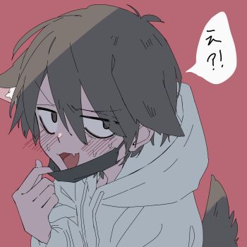 1boy animal_ears blush fang highres hood hoodie male_focus mask mask_pull open_mouth original red_background solo speech_bubble sup_(wwwsupwww) tail upper_body