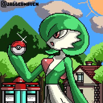1girl arm_at_side artist_name blue_sky bob_cut cloud colored_skin day female_focus flat_chest gardevoir gen_3_pokemon glint green_hair green_skin hair_over_one_eye hand_up holding holding_poke_ball house jaggedmaven looking_afar multicolored_skin nintendo one_eye_covered open_mouth outdoors pixel_art poke_ball poke_ball_(basic) pokemon pokemon_(creature) pokemon_center red_eyes short_hair sky solo standing sun twitter_username two-tone_skin upper_body watermark white_skin