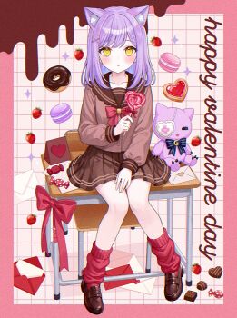 Rule 34 | 1girl, animal ear fluff, animal ears, bow, brown sailor collar, brown shirt, brown shoes, brown skirt, candy, cat ears, cat girl, chair, chocolate, commentary, desk, english text, envelope, extra ears, food, full body, hand up, happy valentine, highres, holding, holding candy, holding food, holding lollipop, kemonomimi mode, loafers, lollipop, long sleeves, looking at viewer, loose socks, medium hair, on desk, parted lips, purple hair, red bow, red socks, sailor collar, school chair, school desk, school uniform, shinomiya runa, shirt, shoes, sitting, skirt, socks, solo, stuffed toy, virtual youtuber, vspo!, yellow eyes, yuzuriha (nx e78)