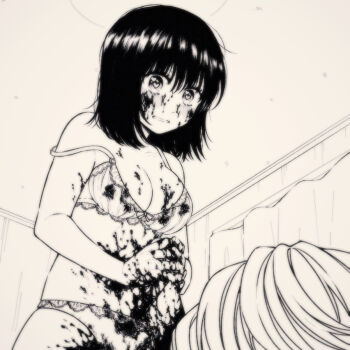 1boy 1girl blood blood_on_body blood_on_face blood_on_hands blood_splatter bloody_knife bra breasts cleavage commentary_request cowboy_shot greyscale heart heart-shaped_pupils holding holding_knife indoors knife lace lace-trimmed_bra lace-trimmed_panties lace_trim large_breasts medium_hair monochrome murder oe_(oeoe0808) original out_of_frame panties parted_lips reverse_grip solo_focus strap_slip symbol-shaped_pupils two-handed underwear underwear_only wide-eyed