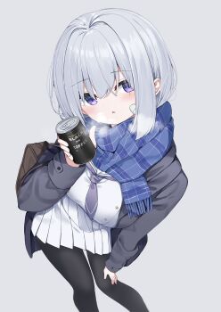 1girl bag bandaid bandaid_on_cheek bandaid_on_face black_pantyhose blue_scarf blush breasts breath can canned_coffee drink_can fringe_trim grey_background grey_hair grey_jacket hand_up highres holding holding_can jacket looking_at_viewer medium_breasts neku_(neku_draw) open_clothes open_jacket original pantyhose parted_lips plaid_clothes plaid_scarf pleated_skirt sailor_collar scarf school_bag school_uniform serafuku shirt simple_background skirt solo white_sailor_collar white_shirt white_skirt