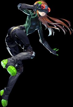 10s 1girl adjusting_eyewear atlus bodysuit boots brown_hair female_focus full_body goggles green_boots grey_socks hair_spread_out hand_on_eyewear kneehighs long_hair official_art oracle_(persona_5) persona persona_5 sakura_futaba socks soejima_shigenori solo stirrup_legwear thigh_strap toeless_legwear transparent_background