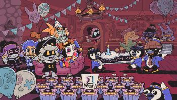 android animal_ears anniversary artist_request asymmetrical_bodysuit asymmetrical_eyelashes asymmetrical_eyes asymmetrical_footwear asymmetrical_gloves beanie beard bell belt bird black_belt black_coat black_gloves black_hair black_hat black_jacket black_sclera blinking_inside_eyes blue_bodysuit blue_eyes blue_hair blue_hat blue_jacket blue_shoes blue_sleeves blue_suit blush_stickers bodysuit bright_pupils brown_gloves brown_hat brown_necktie buttons caine_(the_amazing_digital_circus) candle candlelight capelet ceiling ceiling_light center-flap_bangs character-themed_food character_balloon character_request chibi chibi_only closed_mouth coat colored_sclera colored_skin colored_teeth commentary contrast_collar cowboy_hat cubelet cubert_dubert cupcake dentures desk detached_eyes english_commentary english_text eyes_over_blush face_filter facial_hair fingerless_gloves food fork formal_clothes fur-trimmed_coat fur_trim furry furry_male glitch_inn glitch_productions glove_cuffs gloves green_skin grey_hair grin gummigoo hair_intakes hat highres holding holding_fork holding_plate hotel humanoid_robot indoors jacket jax_(the_amazing_digital_circus) joints key lapels mechanical_arms mechanical_head mechanical_legs melancholy_hill meta_runner metal_hair metal_skin mismatched_footwear mismatched_gloves mismatched_shoes monster_girl multicolored_bodysuit multicolored_eyes murder_drones n_(murder_drones) necktie official_art open_mouth orange_hair overalls party party_hat penguin pennant pink_overalls plate pom_pom_(clothes) pom_pom_beanie pomni_(the_amazing_digital_circus) ponytail prank puffy_short_sleeves puffy_sleeves purple_eyes purple_fur purple_hair rabbit_ears red_bodysuit red_carpet red_eyes red_hat red_shoes red_sleeves red_suit robot robot_joints second-party_source shirt shoes short_sleeves sitting smile stairs standing striped_clothes striped_headwear suit table tari_(meta_runner) the_amazing_digital_circus the_gaslight_district thick_lineart toon_(style) top_hat two-tone_bodysuit two-tone_eyes two-tone_hat two-tone_sleeves uzi_(murder_drones) v-shaped_eyebrows vertical-striped_bodysuit vertical-striped_clothes vertical-striped_headwear vertical-striped_sleeves walking white_pupils white_shirt white_skin wing_collar wooden_stairs x_eye yellow_gloves yellow_sclera yellow_teeth zipper_pull_tab