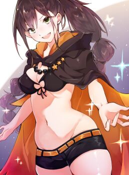 12shg_5 1girl :d bikini bikini_top_only black_bikini black_shorts braid breasts brown_hair cleavage commentary_request cowboy_shot extra_pupils front-tie_bikini_top front-tie_top hair_between_eyes looking_at_viewer navel open_mouth re:zero_kara_hajimeru_isekai_seikatsu shaula_(re:zero) shorts smile solo star_(sky) stomach swimsuit