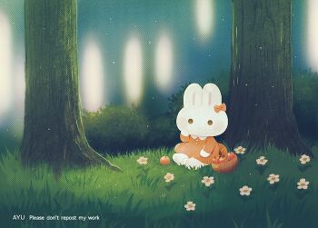 Rule 34 | animal, animal focus, apple, artist name, ayu (mog), basket, bow, commentary, commentary request, english commentary, flower, food, forest, fruit, grass, hand up, long sleeves, mixed-language commentary, nature, night, no humans, orange bow, orange shirt, original, outdoors, rabbit, romaji commentary, shirt, sitting, solid circle eyes, solo, tree, watermark, white flower