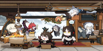 3girls 4boys :3 absurdres animal_ear_headwear animal_ears arknights bed black_cat black_hair bunk_bed cat cat_ears cat_girl cat_tail chibi chibi_only miss_christine_(arknights) closed_eyes commentary_request demon_girl demon_horns ebenholz_(arknights) executor_(arknights) executor_the_ex_foedere_(arknights) fake_animal_ears goat_boy goat_horns grey_hair highres hood hood_up horns ines_(arknights) korean_commentary long_hair mixed-language_commentary multiple_boys multiple_girls no_mouth official_alternate_costume papu_ri_ca phantom_(arknights) purple_eyes red_hair rosmontis_(arknights) short_hair silverash_(arknights) sitting sleeping slit_pupils speech_bubble squeans standing surtr_(arknights) tail waking_up white_hair yellow_eyes