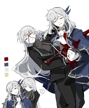 1boy 1girl angelica_(project_moon) argalia_(project_moon) ascot black_gloves black_jacket black_sweater blood blood_on_clothes blood_on_face brother_and_sister closed_eyes death gloves highres jacket library_of_ruina long_hair open_mouth project_moon rai_(r2718281) ribbed_sweater siblings simple_background smile stab sweater sword very_long_hair weapon white_ascot white_background white_hair