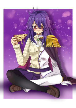 1girl antenna_hair ascot asymmetrical_clothes belt black_leggings blush break~ brown_shoes commentary commission cosplay crossed_legs crumbs food highres holding holding_food holding_pizza leggings light_smile mahke_etstop_(josh6243) messy_hair original pants pixiv_commission pizza pizza_slice purple_background purple_belt purple_hair purple_skirt red-framed_eyewear red_eyes shoes side_cape sitting skirt sweater white_pants yellow_sweater