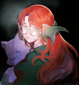 1boy 1girl au_ra black_background calyx_(ff14) dragon_horns final_fantasy final_fantasy_xiv goldfishu gradient_background green_eyes green_shirt half-closed_eyes halmarut_(ff14) highres horns juliet_sleeves long_hair long_sleeves looking_at_viewer parted_lips puffy_sleeves red_hair scales shirt stuffed_toy upper_body