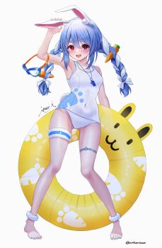 1girl :d animal_ears ankle_cuffs arm_up barefoot blue_hair blue_nails braid breasts carrot_hair_ornament covered_navel food-themed_hair_ornament full_body fur_cuffs gluteal_fold hair_between_eyes hair_ornament highres hikimayu holding holding_swim_ring hololive inari_(ambercrown) innertube long_hair multicolored_hair nail_polish o-ring o-ring_thigh_strap one-piece_swimsuit open_mouth rabbit-shaped_pupils rabbit_ears rabbit_girl rabbit_tail red_eyes short_eyebrows sidelocks simple_background small_breasts smile solo swim_ring swimsuit symbol-shaped_pupils tachi-e tail teeth thick_eyebrows thigh_strap toenail_polish toenails twin_braids two-tone_hair upper_teeth_only usada_pekora virtual_youtuber whistle whistle_around_neck white_background white_hair white_one-piece_swimsuit