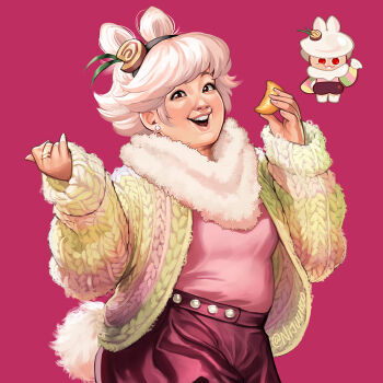 1girl :d animal_ears asian black_hairband breasts buttons cardigan commentary cookie cookie_run cowboy_shot earrings english_commentary fingernails flipped_hair food fortune_cookie_(food) gold_ring green_cardigan hairband hands_up holding holding_cookie holding_food humanization jewelry lips long_sleeves moon_rabbit_cookie nijuuni official_art_inset open_cardigan open_clothes open_mouth pink_background pink_shirt pink_shorts plump puffy_long_sleeves puffy_sleeves rabbit_ears rabbit_girl rabbit_tail realistic red_eyes reference_inset ring scarf shirt short_hair shorts simple_background small_breasts smile solo standing stud_earrings swept_bangs tail tareme teeth tongue upper_teeth_only white_hair white_scarf white_tail