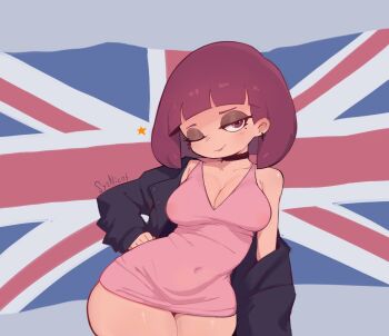 1girl 2026 alternate_breast_size_(larger) amelia_(pathways) animification artist_name black_choker black_jacket blue_background bob_cut breasts choker cleavage commentary contrapposto covered_navel cowboy_shot dated dress english_commentary eyeshadow female_focus hand_on_own_hip highres jacket large_breasts lips long_sleeves looking_at_viewer makeup mole mole_under_eye off_shoulder one_eye_closed pathways_(game) purple_eyeshadow purple_hair purple_lips short_dress short_hair simple_background smirk solo sysnicat thick_thighs thighs union_jack wink