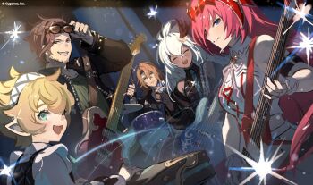 2boys 3girls ^_^ adapted_costume alternate_costume aqua_eyes bare_shoulders blonde_hair blue_eyes brown_eyes brown_hair closed_eyes contemporary cymbals dark_skin drum godsworn_alexiel granblue_fantasy grin guitar hairband harvin instrument long_hair multiple_boys multiple_girls official_art open_mouth pointy_ears rackam_(granblue_fantasy) red_hair short_hair siegfried_(granblue_fantasy) sierokarte smile sunglasses white_hair zooey_(granblue_fantasy)
