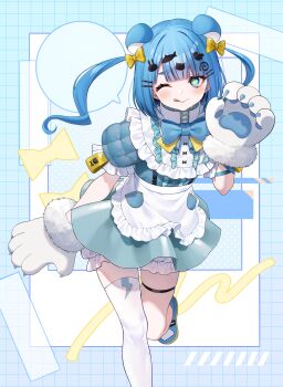 Rule 34 | + +, 1girl, ;>, ;q, absurdres, animal ears, animal hands, apron, aqua dress, aqua eyes, arm at side, bear ears, bear girl, bloomers, blue border, blue bow, blue bowtie, blue hair, blunt bangs, bob cut, border, bow, bowtie, cat hair ornament, collar, commission, dress, fish hair ornament, flat chest, foot out of frame, frilled apron, frilled collar, frilled sleeves, frills, fur-trimmed gloves, fur trim, gloves, gradient border, grid border, hair bow, hair ornament, hand up, highres, indie virtual youtuber, knees together feet apart, light blush, one eye closed, outside border, paw gloves, pocket, puffy short sleeves, puffy sleeves, rabbit hair ornament, second-party source, short sleeves, sideways glance, single thighhigh, skeb commission, smile, solo, standing, standing on one leg, suspenders, thigh strap, thighhighs, tongue, tongue out, toramaru (toramal9831), twintails, underwear, waist apron, white background, white bloomers, white thighhighs, yellow bow, yushiro pirika