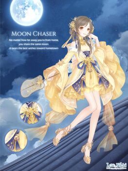 1girl ankle_flower anklet artist_request bare_legs bare_shoulders bell blue_ribbon brown_hair character_name chinese_clothes close-up cloud collared_dress copyright_logo dot_nose double_bun dress english_text eyelashes finger_to_mouth flower footwear_flower frilled_sleeves frills full_body full_moon hair_bun hair_flower hair_ornament hair_rings hand_fan happy high_heels holding holding_fan jewelry light_blush lipstick logo long_hair long_sleeves makeup mandarin_collar miracle_nikki moon moon_chaser_(miracle_nikki) nikki_(series) no_shoes official_art on_rooftop osmanthus parted_lips pleated_dress pumps ribbon robe shoes sidelocks sleeveless sleeveless_dress solo standing tareme third-party_source tuanshan waist_ribbon wide_sleeves yellow_dress yellow_eyes yellow_flower yellow_lips yellow_robe yellow_shoes