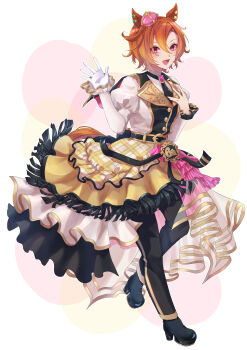 1girl absurdres animal_ears black_necktie black_pants blush breasts crown ear_ornament ear_piercing gloves hair_between_eyes highres horse_ears horse_girl horse_tail jacket layered_skirt long_sleeves mini_crown necktie official_alternate_costume open_clothes open_jacket open_mouth orange_hair pants piercing pink_crown puffy_sleeves purple_eyes ri_ri_0818 shirt shoes short_hair skirt smile solo t.m._opera_o_(umamusume) tail umamusume white_gloves white_shirt