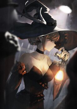 1girl absurdres bare_shoulders black_choker black_dress black_hat breasts brown_eyes brown_hair choker cleavage closed_mouth collarbone commentary dark detached_sleeves dress dutch_angle english_commentary frown hair_bun halloween hand_up hat highres holding holding_lantern horned_hat lamppost lantern medium_breasts night original outdoors pensive pointy_ears profile shikyou_yoru sidelocks solo_focus standing strapless strapless_dress upper_body white_fence wide_sleeves witch witch_hat