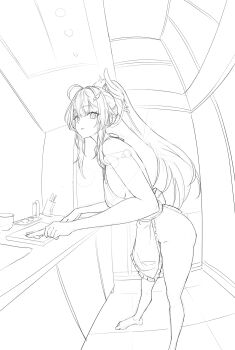 Rule 34 | 1girl, aemeath (wuthering waves), ahoge, apron, barefoot, breasts, commentary, cooking, ddcc0123, from side, greyscale, hair ornament, highres, indoors, long hair, looking at viewer, looking to the side, medium breasts, monochrome, naked apron, parted lips, ponytail, sideboob, solo, standing, star-shaped pupils, star (symbol), symbol-shaped pupils, turning head, wuthering waves