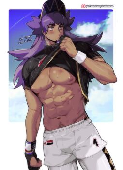 1boy abs bara baseball_cap beard bite_mark bite_mark_on_breast bite_mark_on_nipple bite_mark_on_pecs bite_mark_on_stomach bite_marks black_gloves black_hat black_leggings blush brown_leggings newsboy_cap chariko clenched_hand closed_mouth clothes_lift clothes_pull cloud cloudy_sky commentary dark-skinned_male dark_skin dynamax_band english_commentary english_text facial_hair furrowed_brow gloves hand_up hat heavy_breathing hickey hickey_marks hickeys hickeys_on_chest hot jersey leggings leon_(pokemon) lifting_own_clothes long_hair looking_to_the_side male_focus male_pubic_hair muscular muscular_male navel nintendo nipples outdoors partially_fingerless_gloves patterned_clothing pectorals pokemon pokemon_swsh pubic_hair purple_hair shirt shirt_lift shirt_pull short_sleeves shorts sky standing striped_clothes striped_shirt sweat vertical-striped_clothes vertical-striped_shirt white_leggings white_shorts wristband yellow_eyes