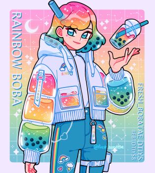 1girl artist_name blue_eyes blue_pants bubble_tea constellation crescent_moon cup disposable_cup draw_this_in_your_style_challenge drinking_straw emily_kim floating gradient_background grid_background highres jacket liquid liquid_hair long_sleeves looking_at_viewer moon multicolored_hair multicolored_jacket original pants patterned_hair puffy_long_sleeves puffy_sleeves rainbow_gradient rainbow_hair rainbow_sticker see-through_clothes see-through_hood see-through_sleeves shirt shooting_star solo sparkle two-tone_jacket white_jacket white_shirt zipper_pull_tab