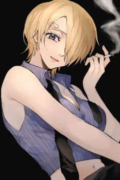 1girl armpit_crease black_background black_necktie blonde_hair blue_eyes blue_shirt breasts cigarette cleavage collarbone collared_shirt crop_top curly_eyebrows curtained_hair film_grain fingernails from_side genderswap genderswap_(mtf) hair_over_one_eye hand_up head_tilt highres large_breasts light_blush long_bangs looking_at_viewer midriff minouchi narrowed_eyes navel necktie one_piece open_mouth parted_bangs partially_unbuttoned pinstripe_pattern pinstripe_shirt sanji_(one_piece) shirt short_hair simple_background sleeveless sleeveless_shirt smile smoke smoking solo stomach undone_necktie upper_body