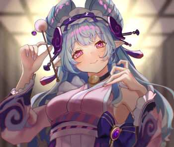 1girl apron aqua_hair closed_mouth commentary_request frilled_apron frilled_hairband frills genshin_impact hair_between_eyes hair_ornament hairband highres japanese_clothes kimono long_hair long_sleeves looking_at_viewer maid maid_apron maid_headdress mimikaki nihongami pink_kimono pointy_ears purple_eyes serina_(skipadd) sleeveless sleeveless_kimono solo upper_body very_long_hair wa_maid white_apron yumemizuki_mizuki