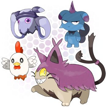 absurdres animal_focus animal_hands beak bird bird_wings blue_fur brown_fur cat chicken chikipi closed_mouth commentary depresso english_commentary frown grin grintale highres killamari looking_at_viewer madzygardecore no_humans pal_(creature) palworld purple_cat purple_fur smile squid sugimori_ken_(style) tail whiskers wings yellow_eyes