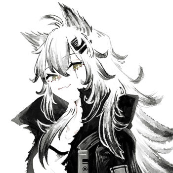 1girl animal_ears arknights black_jacket closed_mouth commentary_request fang grey_eyes hair_between_eyes hair_ornament hairclip jacket lappland_(arknights) long_hair looking_at_viewer monochrome mugioec open_clothes open_jacket scar scar_across_eye scar_on_face shirt simple_background skin_fang smile solo spot_color upper_body white_background white_hair white_shirt wolf_ears wolf_girl