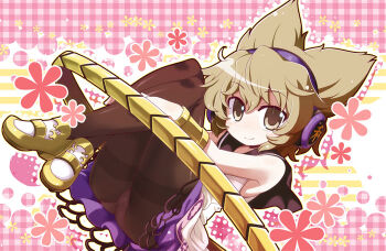 1girl akaneya black_pantyhose brown_eyes brown_hair dutch_angle female_focus headphones leg_hold panties panties_under_pantyhose pantyhose pantyshot skirt sleeveless solo thighband_pantyhose touhou toyosatomimi_no_miko underwear upskirt white_panties