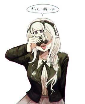 1girl bababa081 black_bow black_hairband black_jacket black_ribbon bow braid buttons character_doll chromatic_aberration collared_shirt commentary covered_eyes cowboy_shot crying doll film_grain grey_skirt hair_ornament hairband hairclip highres holding holding_doll jacket kashimiya_karua kirifuji_nozomi lapels long_hair long_sleeves neck_ribbon notched_lapels open_clothes open_jacket open_mouth pleated_skirt ribbon shirt side_braid simple_background single_braid skirt smile solo speech_bubble symbol-only_commentary the_hundred_line_-last_defense_academy- white_background white_hair white_shirt