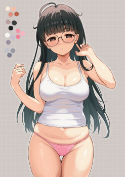 1girl black_hair breasts camisole commentary_request glasses grey_background highres large_breasts looking_at_viewer no_pants original panties pink_panties round_eyewear simple_background solo thighs tsuruyama_(tenten) underwear