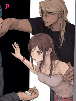 1girl 2boys ? ace_attorney amikoiiko apollo_justice:_ace_attorney black_shirt blonde_hair blush breasts brown_hair camisole cleavage_cutout clothing_cutout collarbone dark_skin earrings ema_skye highres jewelry klavier_gavin large_breasts long_hair multiple_boys shirt shorts single_earring sweat watch wristwatch